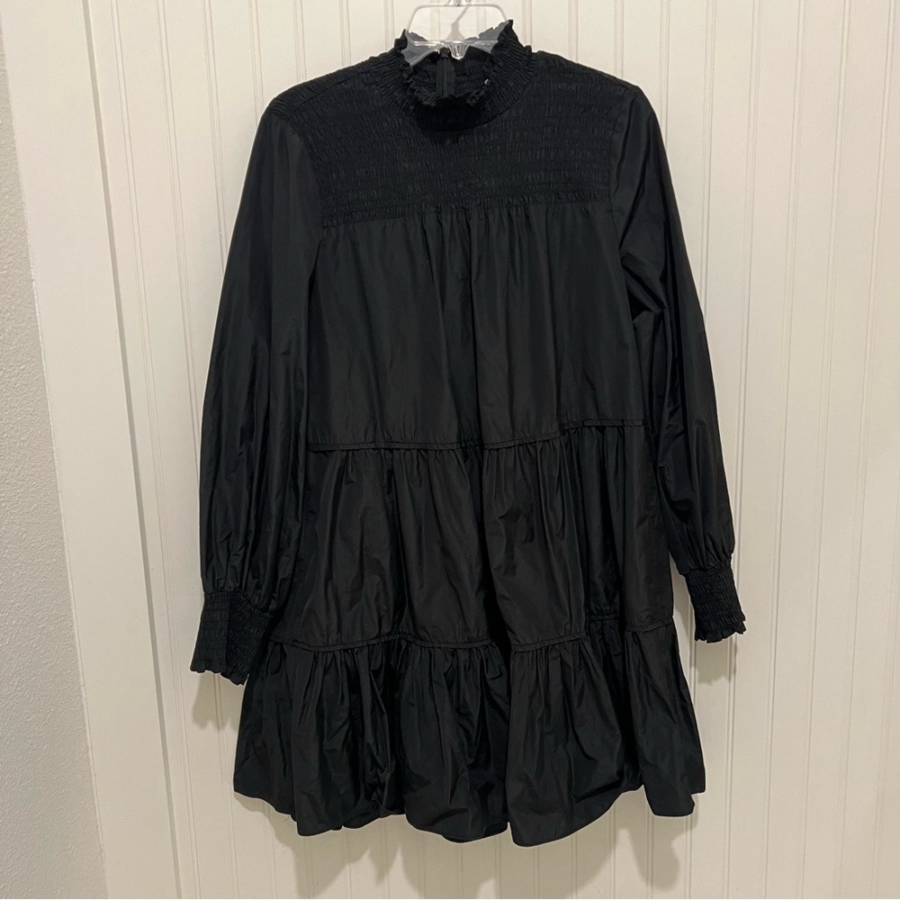 Veronica Beard Vigore Smocked  Black Long-Sleeve Tiered Dress 12